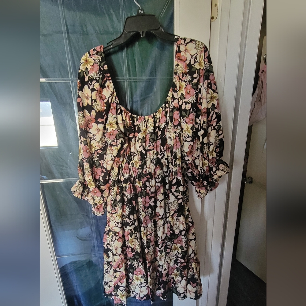 Floral Black and Pink Dress Elastic Waist